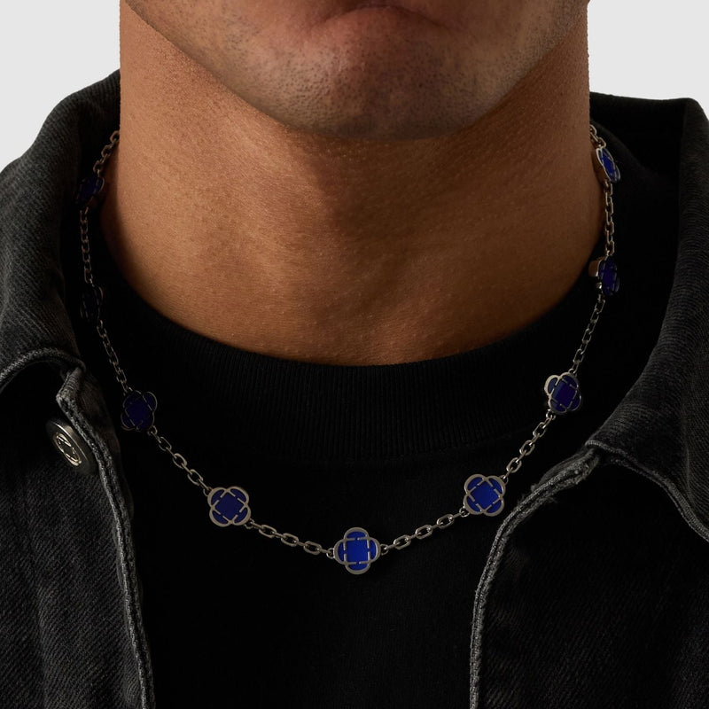 Blue Clover Stone Necklace (Silver)