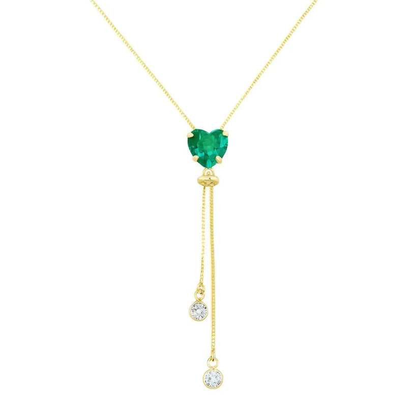 Adjustable Tie Necklace with Zirconia Tourmaline Heart, Gold Plated