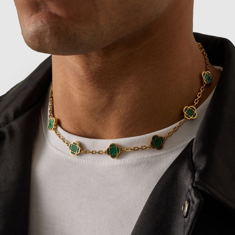 Malachite Clover Stone Necklace (Gold)