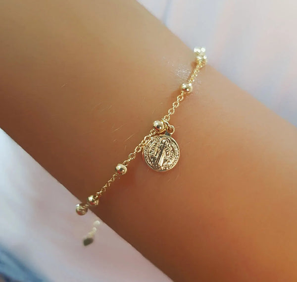 Plain Ball Bracelet with Saint Benedict Gold Plated
