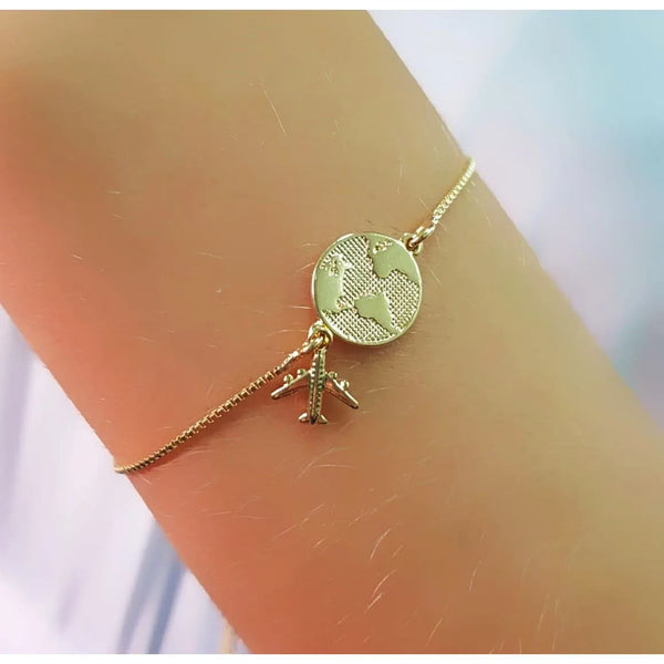 Adjustable World Bracelet with Airplane 18k Gold Plated