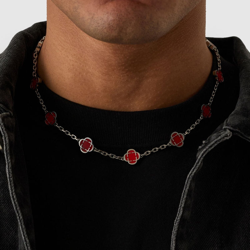 Light Red Clover Stone Necklace (Silver)